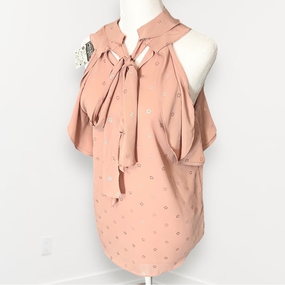 NWT Entro Size S Blouse Sleeveless Beige-Pink Silver Stars Flowy Ruffles - Picture 3 of 11